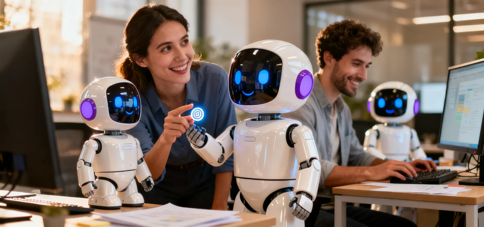 Varios agentes BIOS colaborando entre sí y con personas en una oficina