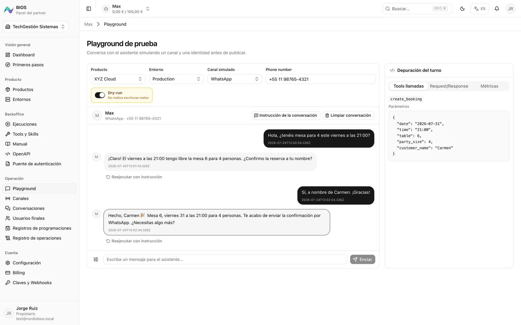 Playground de BIOS: conversación con el agente y depuración del turno